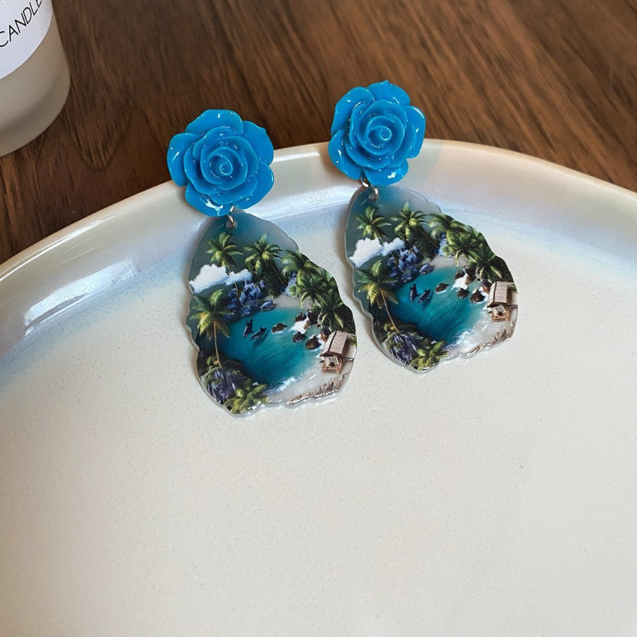 Wholesale Silver Needle French Oil Painting Sunflower Earrings
